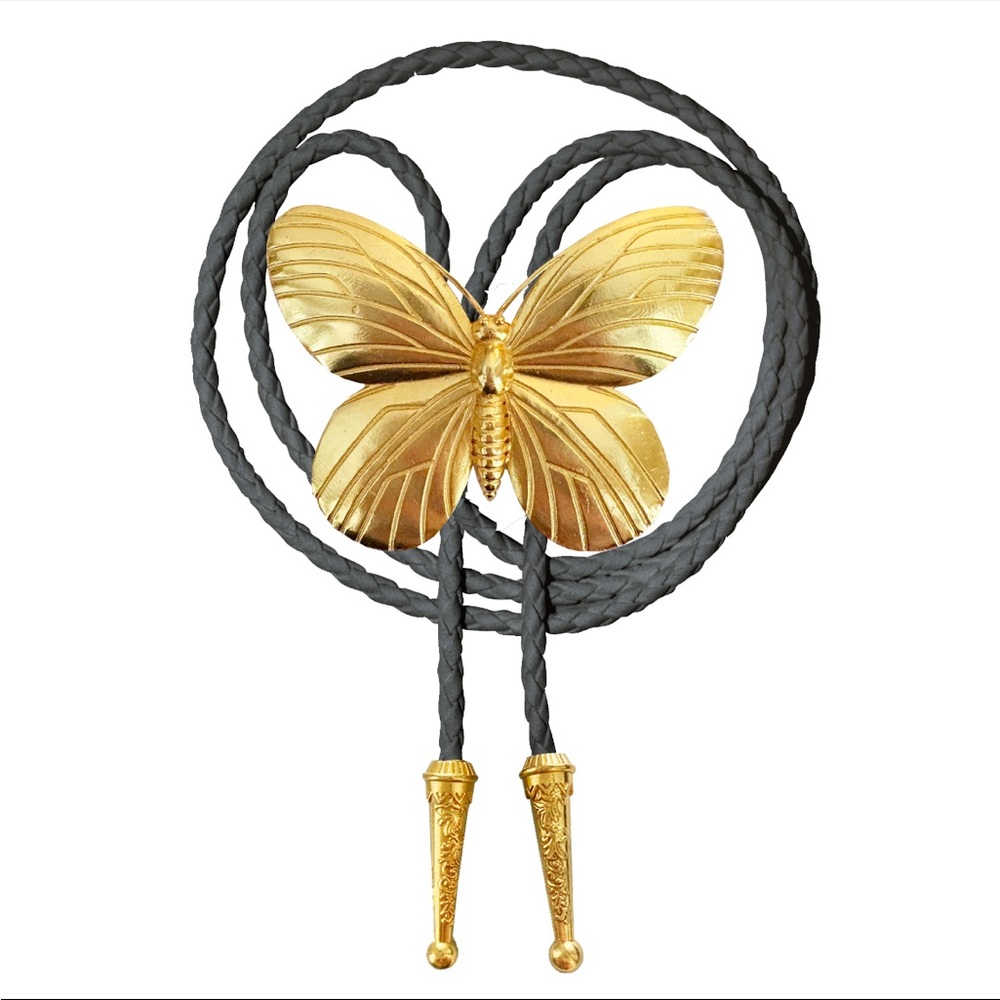 Gold Butterfly Bolo Tie with Grey Cord